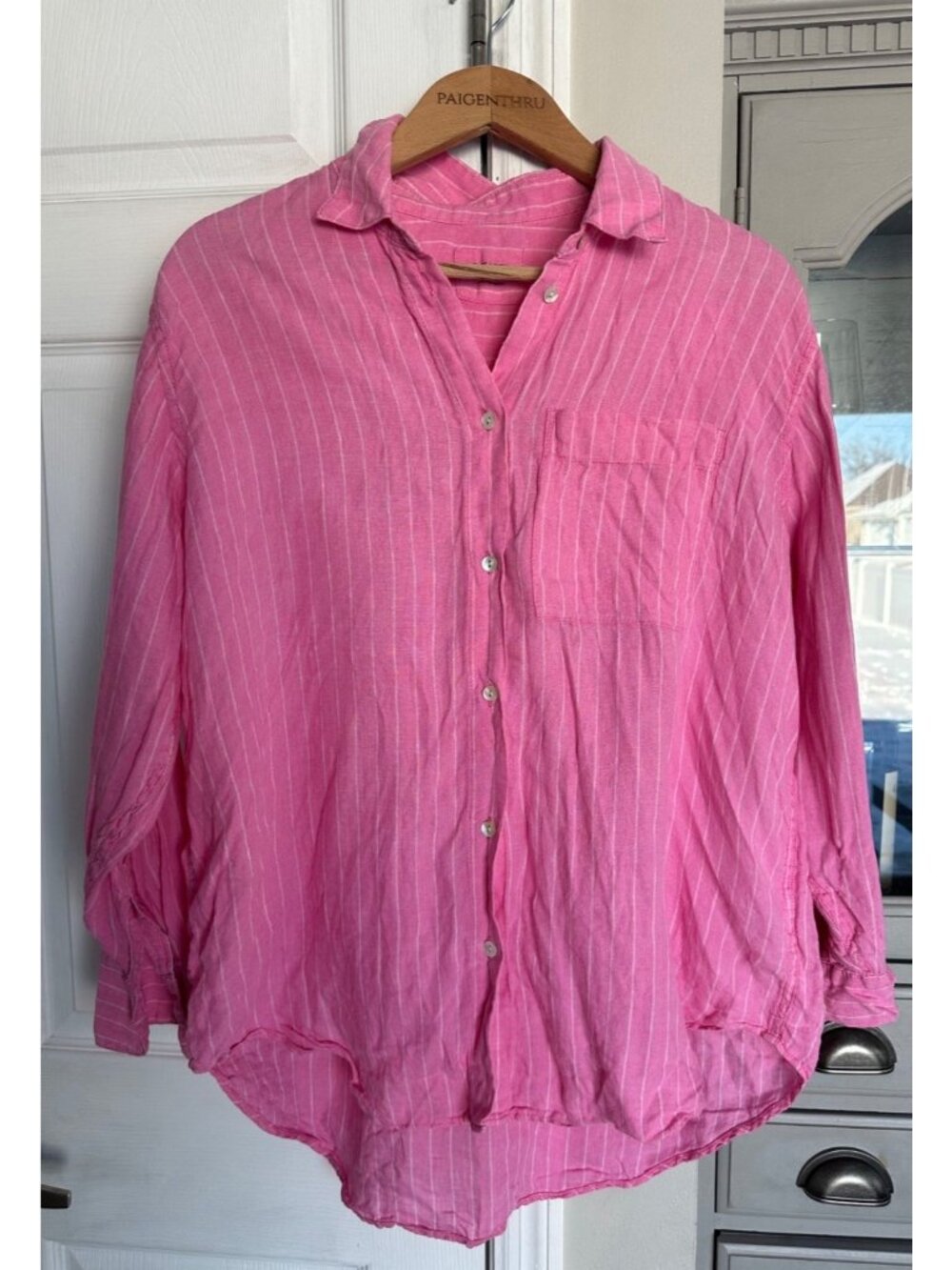 PURE LINEN Women's Size 14 Pink White Striped Button Down 100% Flax Linen ECO